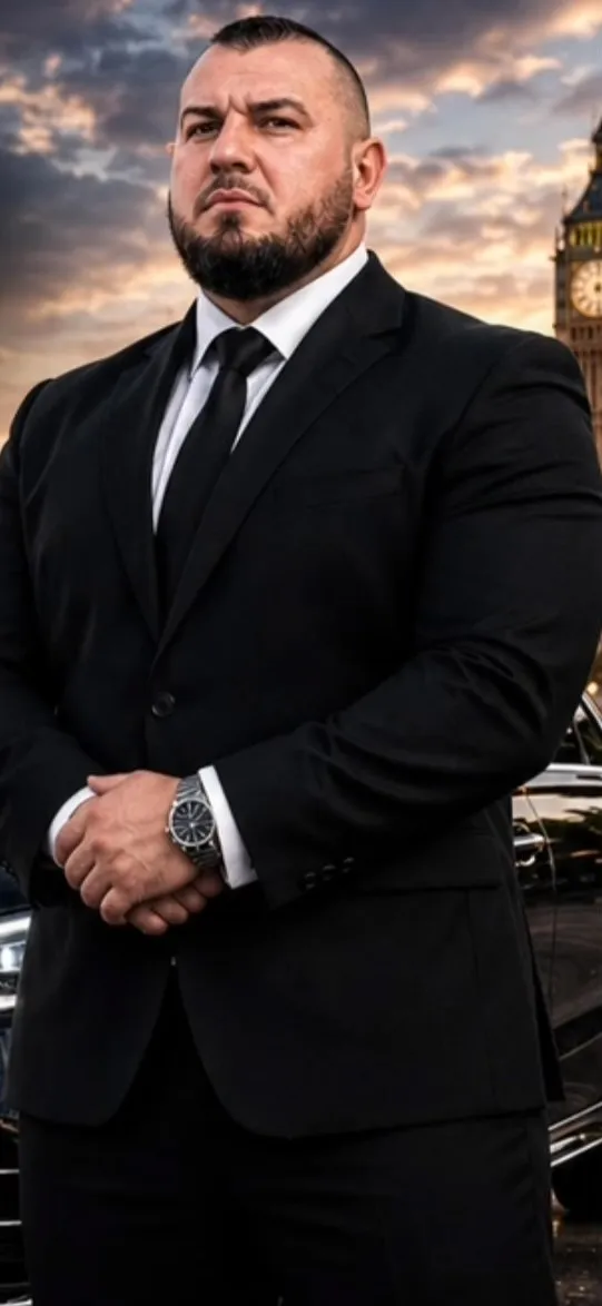 Cristian Dorobantu in a dark suit beside the Mercedes S-Class, with Big Ben behind